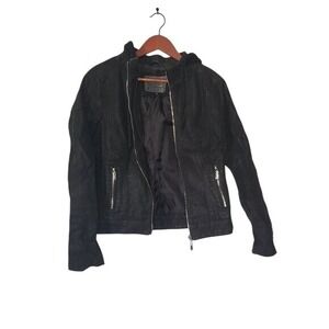 Black Hooded Moto Jacket Womens Full‎ Zip Casual - Size Medium